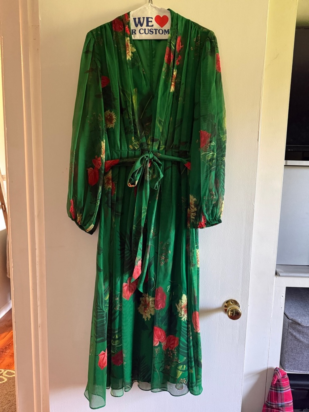 Alex Marie Green Floral Wrap Maxi Dress with Pink Blooms